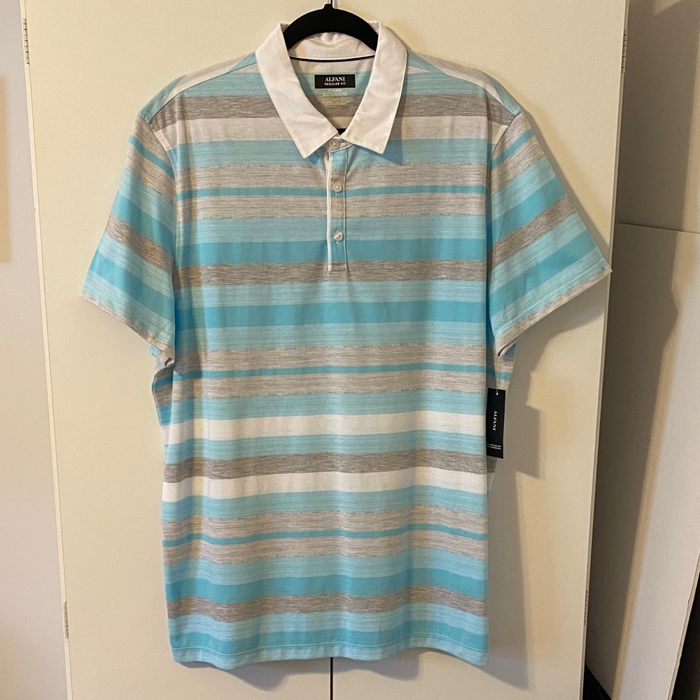 Alfani Men's Polo Shirt - Aqua and Gray Stripes